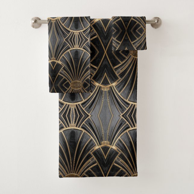 Conjunto De Toalhas padrão de leque Art Deco preto e dourado (Insitu)