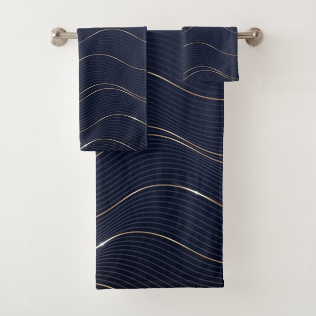 Conjunto De Toalhas Padrão de Linhas Douradas Azuis abstrato Wavy (Insitu)