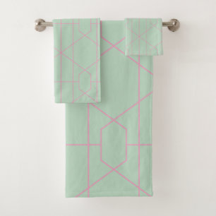 Conjunto De Toalhas Padrão de Linhas Geométricas Verde e Rosa