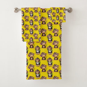 Conjunto De Toalhas Padrão de Macaco Amarelo Design 