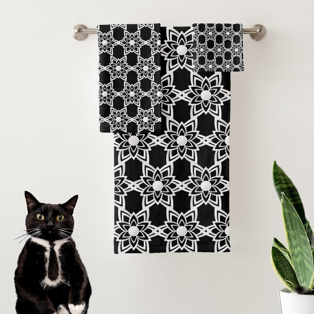 Conjunto De Toalhas Padrão de Mandala de Flor Abstrata em Preto (Criador carregado)