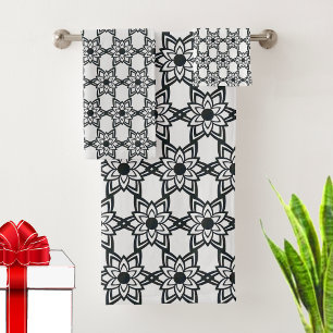 Conjunto De Toalhas Padrão de Mandala de Flor Preta Abstrata em Branco