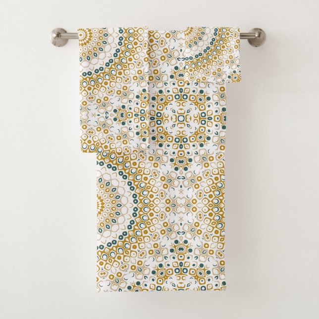 Conjunto De Toalhas Padrão de Mandala Geométrico Dourado e Verde (Insitu)