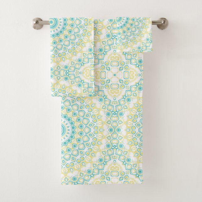 Conjunto De Toalhas Padrão de Mandala Geométrico Teal e Amarelo (Insitu)