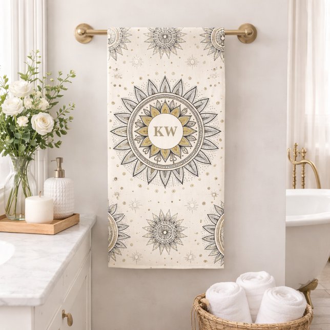 Conjunto De Toalhas Padrão de Mandala Monograma Dourado Cinza (Criador carregado)