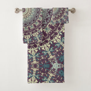 Conjunto De Toalhas Padrão de Mandala Roxo Turquesa e Creme
