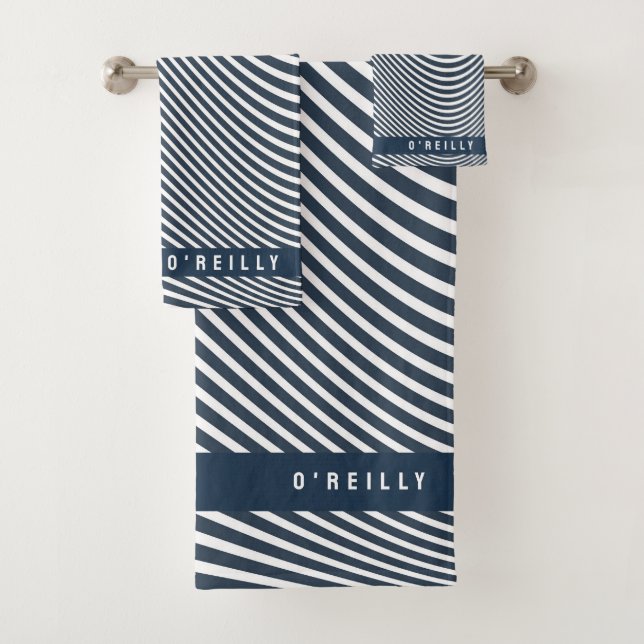 Conjunto De Toalhas Padrão de Marinho do Monograma Moderno Azul e Stri (Insitu)