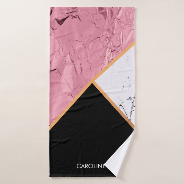 Conjunto De Toalhas Padrão de mármore branco e preto rosa Dourado (Toalha de Banho)