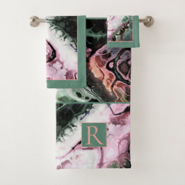 Conjunto De Toalhas Padrão de mármore rosa, verde-cinza, monograma