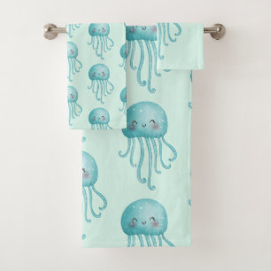 Conjunto De Toalhas Padrão de medusa azul-verde-branca e divertida