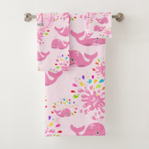 Conjunto De Toalhas Padrão de Monograma de Baleia Rosa, com Plash de 