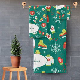 Conjunto De Toalhas Padrão de Monograma de Skates de gelo Snowflakes