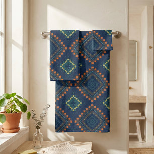 Conjunto De Toalhas Padrão de Mosaico Chic do Folk Étnico Azul Profu