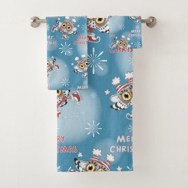 Conjunto De Toalhas Padrão de Natal de Corujas Patinando no Gelo (Insitu)