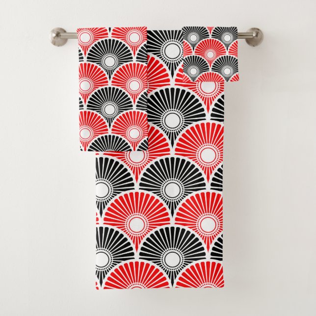 Conjunto De Toalhas Padrão de onda de semicírculo vermelho e preto (Insitu)