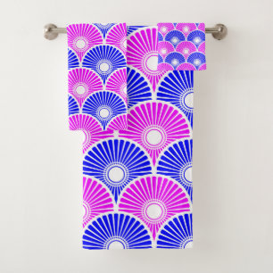 Conjunto De Toalhas Padrão de onda do semicírculo chinês azul magenta