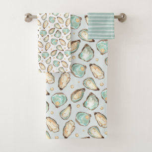 Conjunto De Toalhas Padrão de Ostra e Pérolas de Aquarela Costeira