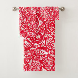 Conjunto De Toalhas Padrão de paisagem branco sobre fundo vermelho