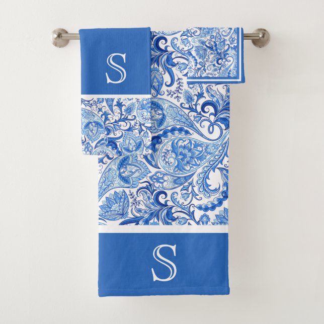 Conjunto De Toalhas Padrão de Paisley Branco Azul Belo e Personalizado (Insitu)