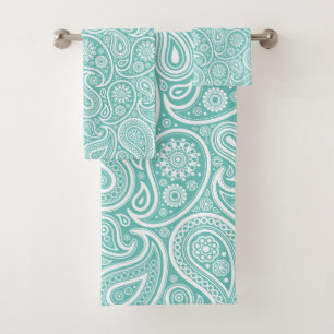 Conjunto De Toalhas Padrão de paisley branco e turquesa