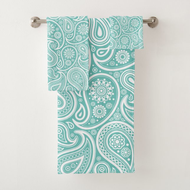 Conjunto De Toalhas Padrão de paisley branco e turquesa (Insitu)