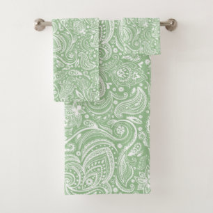 Conjunto De Toalhas Padrão de paisley branco sobre fundo verde sage