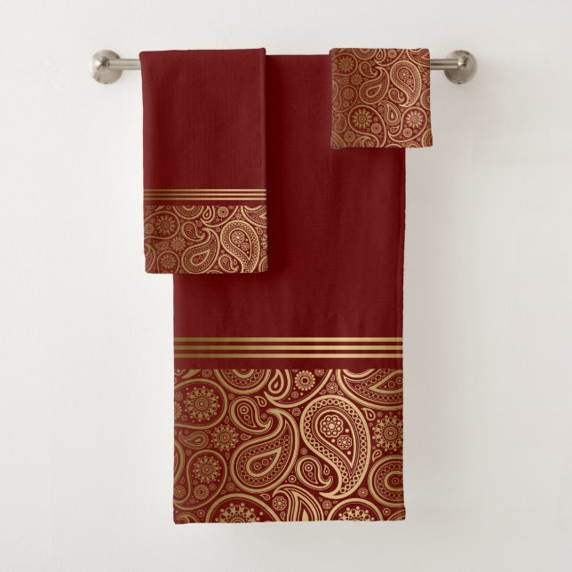 Conjunto De Toalhas Padrão de paisley de ouro elegante em vermelho (Insitu)