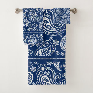 Conjunto De Toalhas Padrão de Paisley de Vintage Azul Branco e Marinho