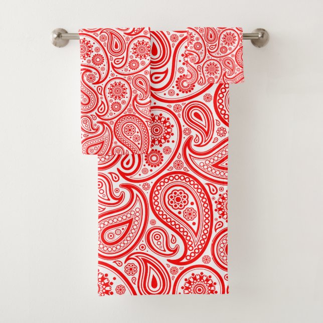 Conjunto De Toalhas Padrão de paisley vermelho e branco (Insitu)