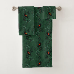 Conjunto De Toalhas Padrão de Pássaro Negra Vermelho