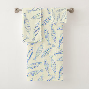 Conjunto De Toalhas Padrão de Peixe Sardinha Azul Doodle Esboçado