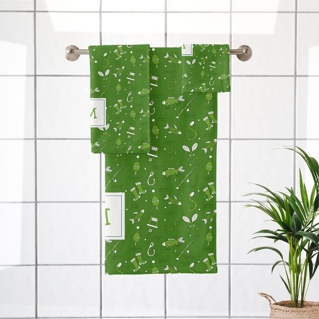 Conjunto De Toalhas Padrão De Pesca Verde Sem Costura Monograma (Criador carregado)