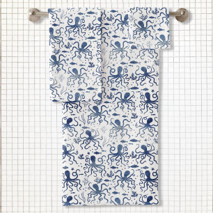 Conjunto De Toalhas Padrão de polvo submarino em aquarela azul costeir