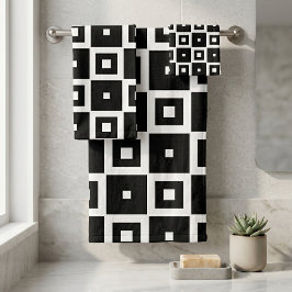 Conjunto De Toalhas Padrão de Quadrados Preto e Branco Moderno