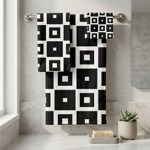 Conjunto De Toalhas Padrão de Quadrados Preto e Branco Moderno