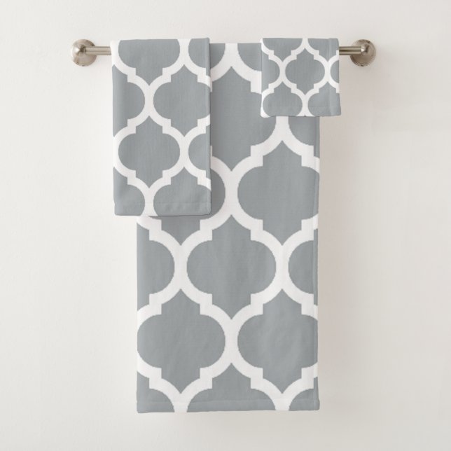 Conjunto De Toalhas Padrão de Quatrefoil Branco da Cinza Elegante (Insitu)