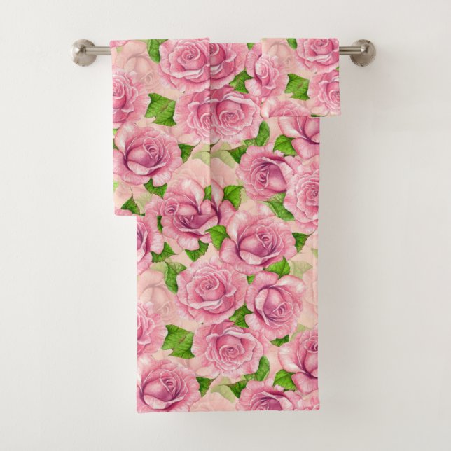 Conjunto De Toalhas Padrão de rosas de aquarela rosa (Insitu)