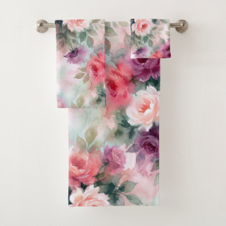 Conjunto De Toalhas Padrão de Rosas em Aquarela Abstrata – Floral Româ