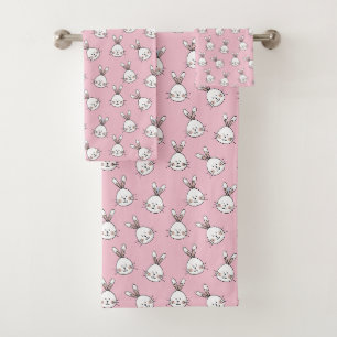 Conjunto De Toalhas Padrão de rosto de coelho fofo em rosa claro