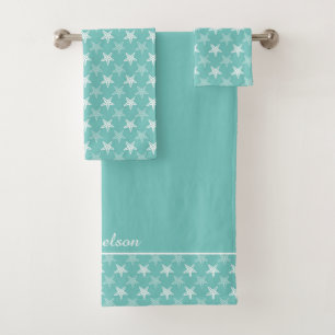 Conjunto De Toalhas Padrão de Starfish branco no azul-lacrimogênio