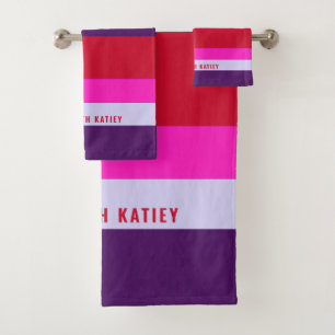 Conjunto De Toalhas Padrão de Stripes Vermelhas, Rosa e Púrpura