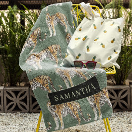 Conjunto De Toalhas Padrão De Tigres De Aquarela Verde Tropical Com No