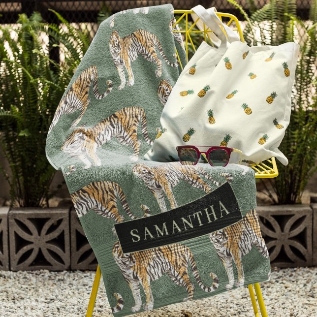 Conjunto De Toalhas Padrão De Tigres De Aquarela Verde Tropical Com No (Criador carregado)