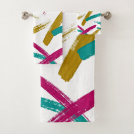 Conjunto De Toalhas Padrão de Traços Vibrantes, Azul-ciano, Magenta e 