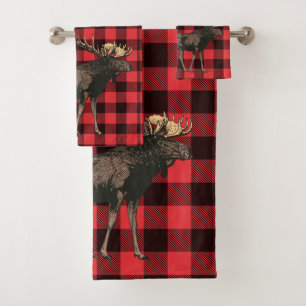 Conjunto De Toalhas Padrão de Xadrez Preto Vermelho Moso