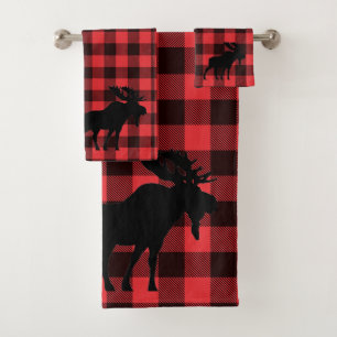 Conjunto De Toalhas Padrão de Xadrez Preto Vermelho Silhuette Moose