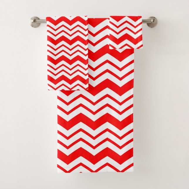 Conjunto De Toalhas Padrão de ziguezague em chevron vermelho e branco (Insitu)