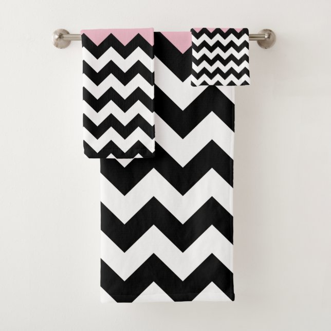 Conjunto De Toalhas Padrão de ziguezague preto e branco, Chevron, rosa (Insitu)