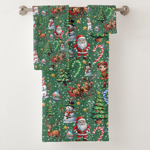 Conjunto De Toalhas Padrão Decorativo de Natal com Fundo Verde