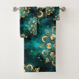 Conjunto De Toalhas Padrão Dharma Mandala da Galáxia Dourada e Verde